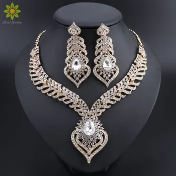 

Gold Color Full Clear Rhinestones Statement Necklace Earrings Set for Women Indian Bridal Wedding Jewelry sets