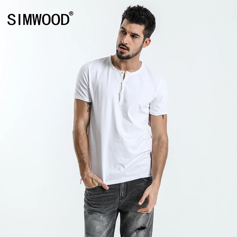 SIMWOOD Генри воротник футболка Для мужчин Slim Fit сплошной натуральный хлопок