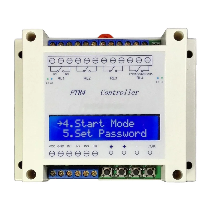 

Four way programmable time relay, /99 step multi way timer / trigger solenoid valve linkage control, /PTR4