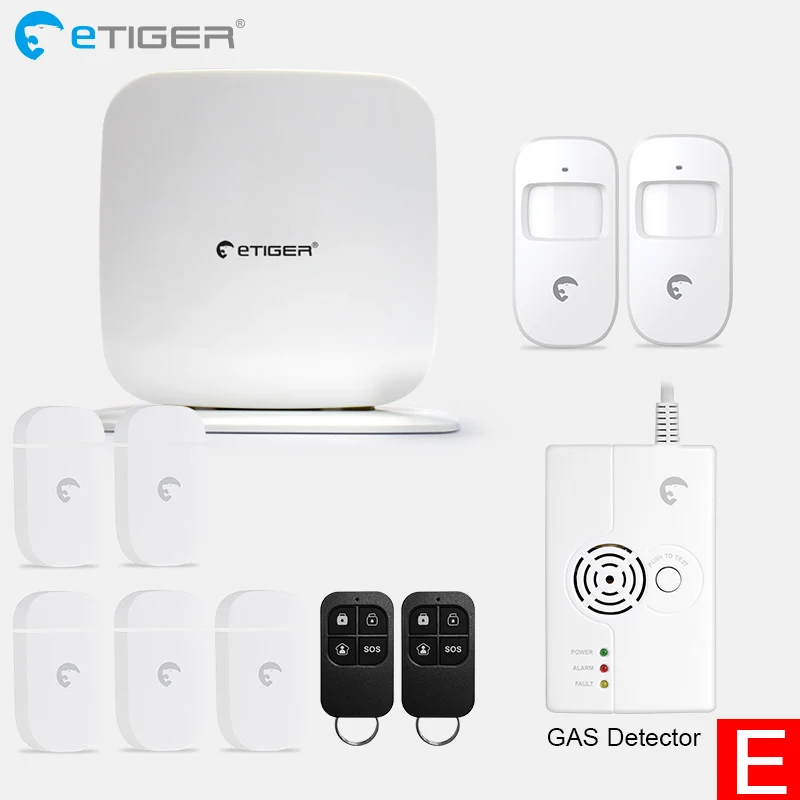 Etiger беспроводной Secual Box Wi-Fi/GSM сигнализация умный дом Комплект с датчиком движения PIR IP wifi камера Беспроводной детектор дыма - Цвет: SET   E