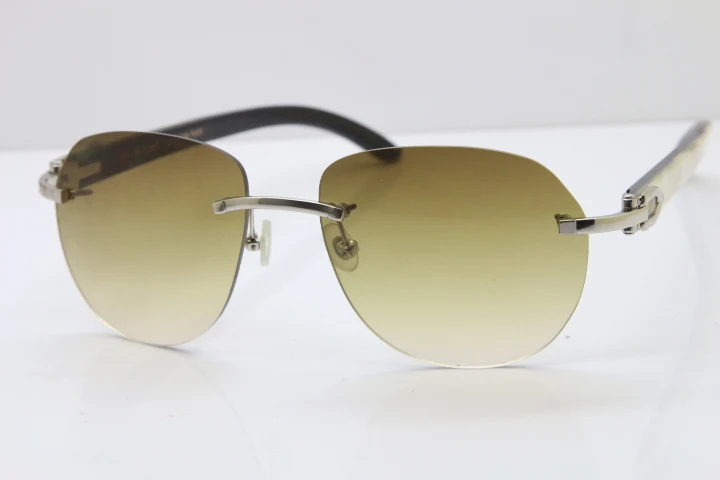 Cartier Rimless 8300729 Black Mix White Buffalo Horn Sunglasses In Silver Brown Lens  (1)
