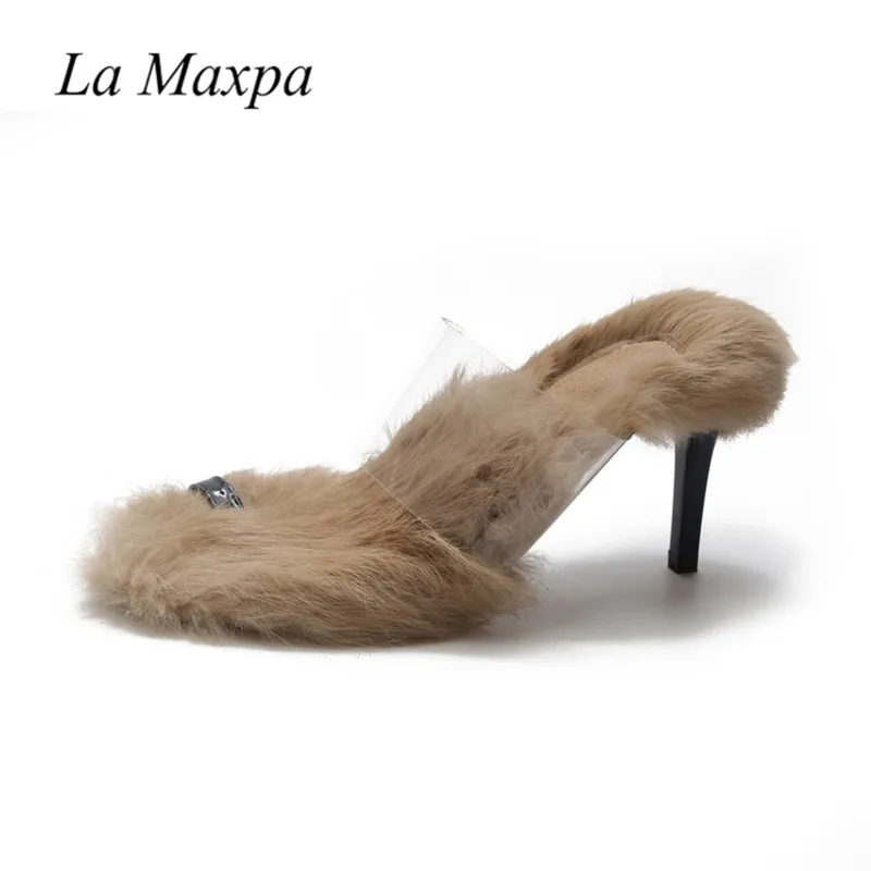 La MaxPa/осенне-весенние тапочки ПВХ с кроличьим мехом; флисовая прозрачная обувь с открытым носком на высоком каблуке-шпильке; модная обувь - Цвет: beige