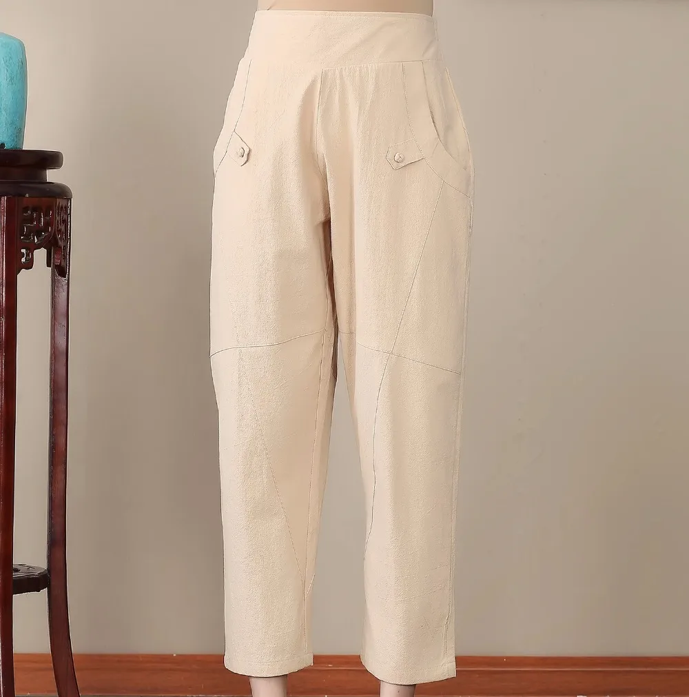 

Beige Chinese Women Leisure Trousers Plus Size 3XL 4XL Cotton Linen Pant Loose Casual Elastic Waist Straight Pants 2705