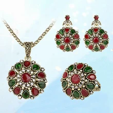 Women’s Ethnic Vintage Style Rhinestone Choker Necklace Earring Ring Jewelry Set