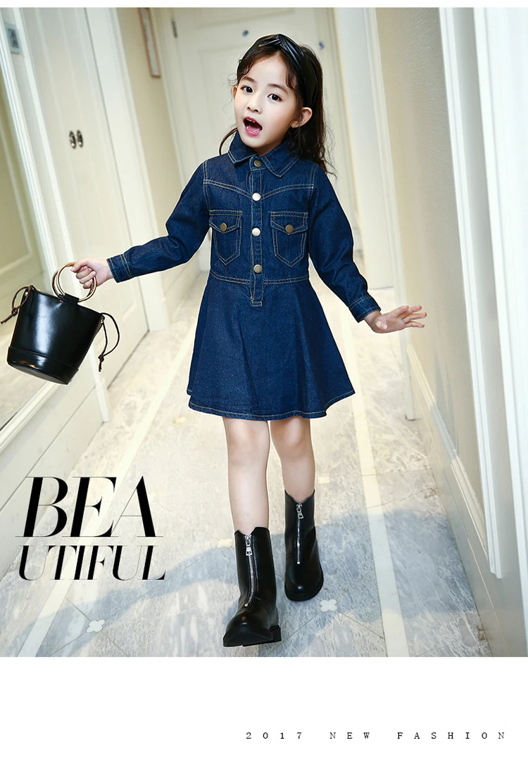 Baby Dresses Girls Children's Toddler Girls Recreational style High-end denim Dresses lapel princess Dress for 3-14Y girls kids clothing (14)