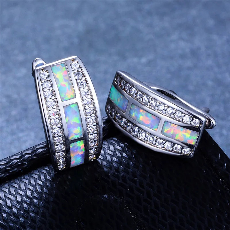 

Boho Female Big Geometric Stud Earrings Vintage Silver Rose Gold Wedding Earrings For Women Boho White Blue Fire Opal Earrings