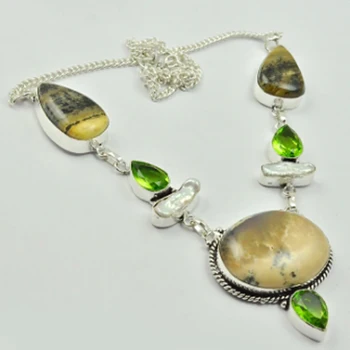 

Jaspers & Peridots Necklace Silver Overlay over Copper, 45cm , N2890