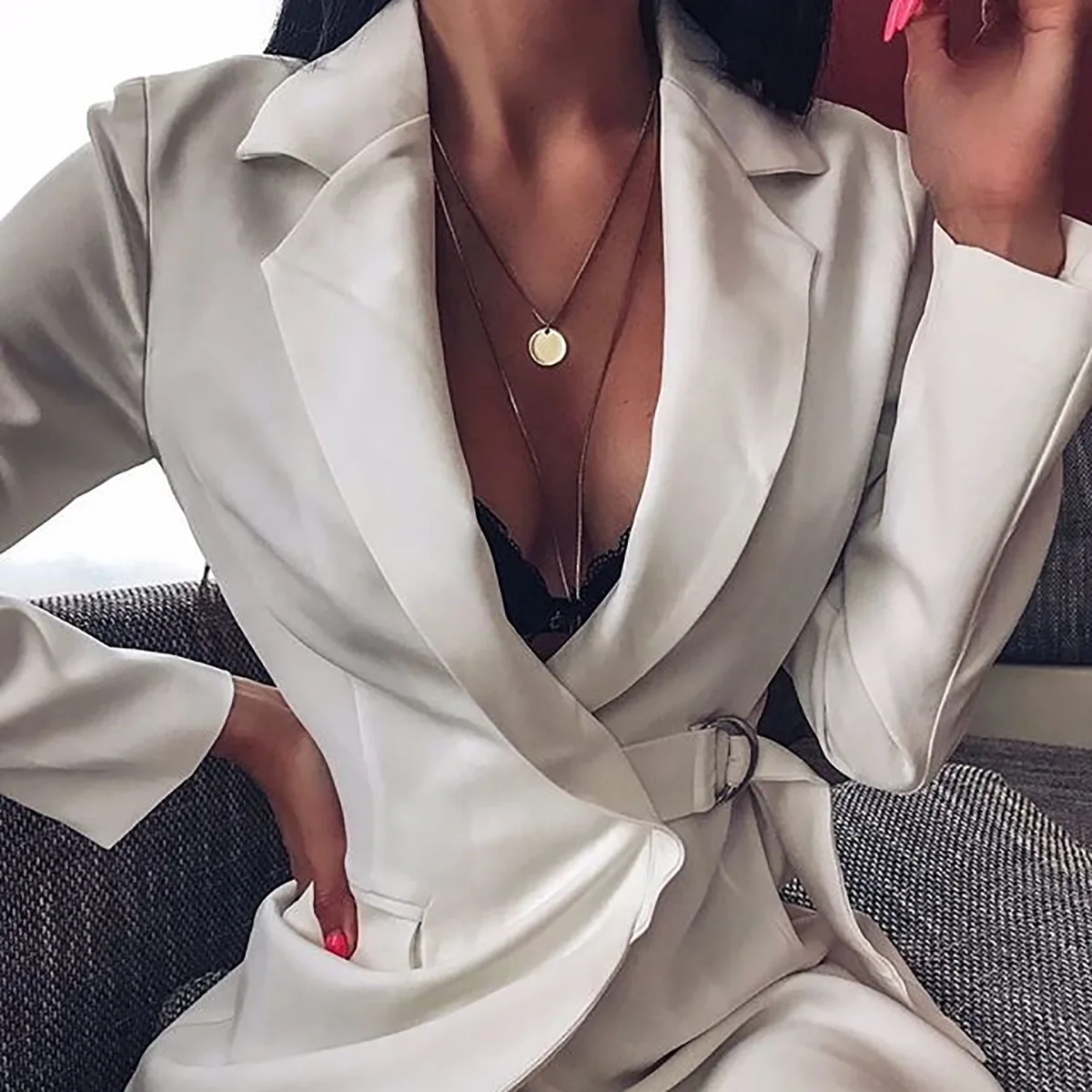 

Ursohot Autumn Suit Blazer Women 2019 Casual Office White Blazers Fashion With Metal Belt Long Jackets Women's Outerwear Vintage