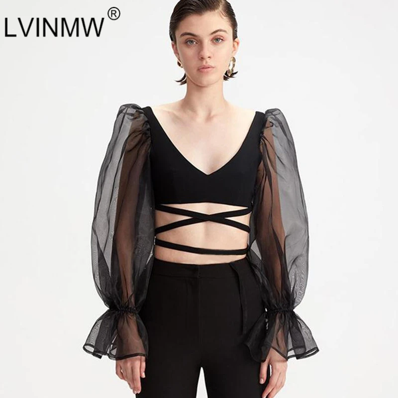 LVINMW Sexy Mesh See Through lantern с длинным рукавом Crop Tops 2019 Весна Женщины Backless Patchwork Slim U Neck T Shirt
