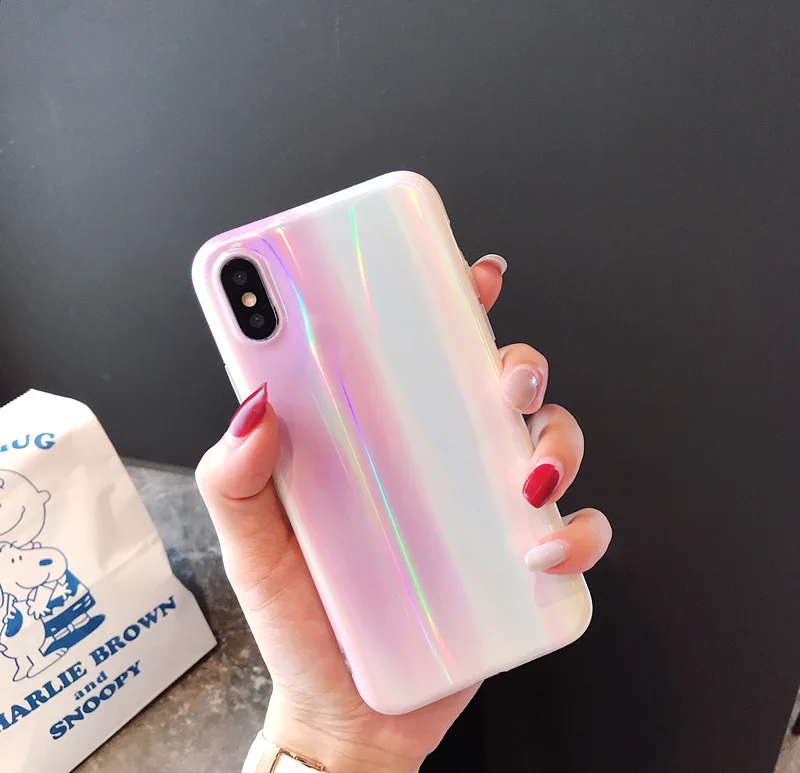 

For Ins simple pink apple X/6s mobile phone shell aurora colorful laser iphone8plus/7 all-inclusive soft set female