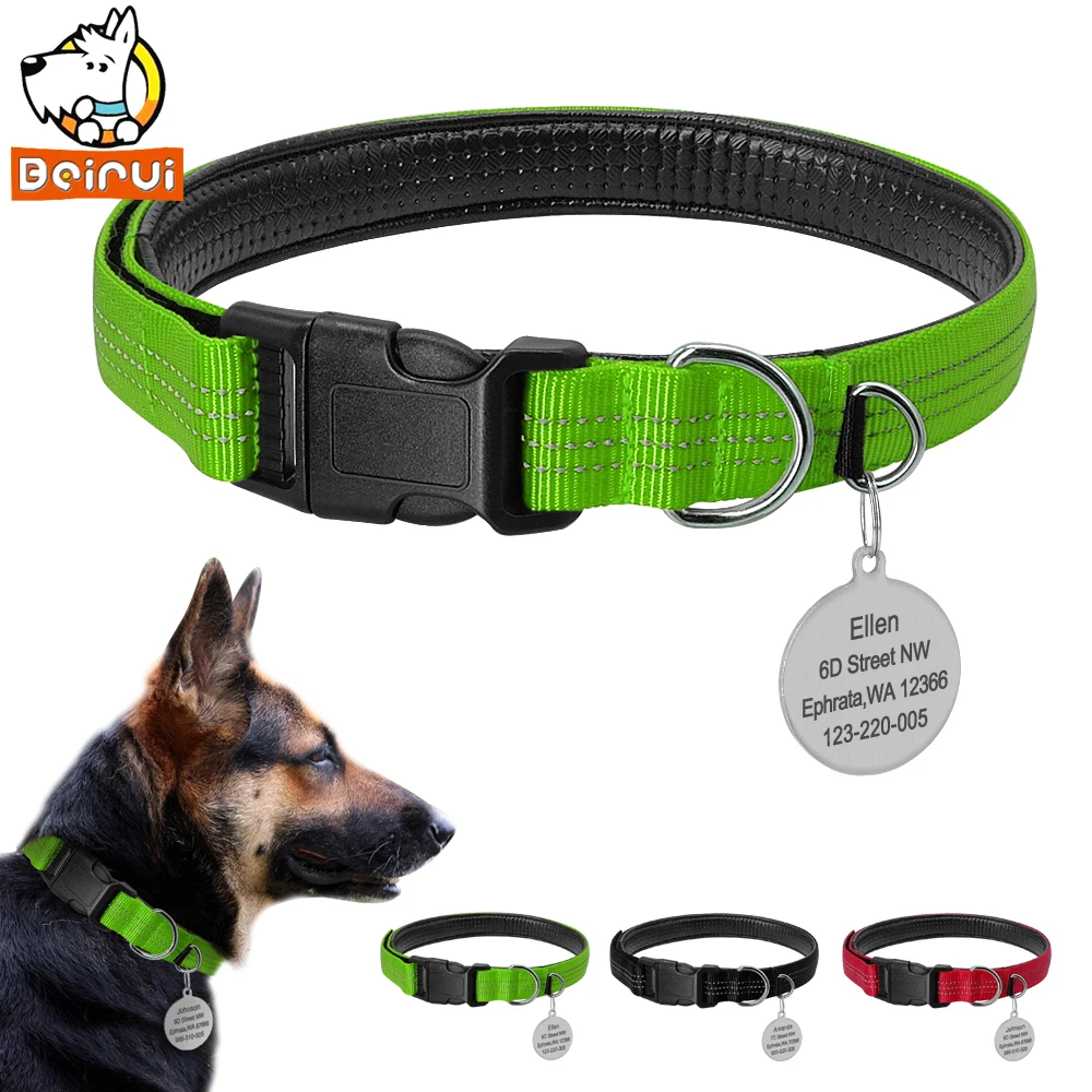 

Nylon Reflective Personalized Dog Tag Collar Set Padded Adjustable Dogs Collars with Customized Tag for Medium Large Pets