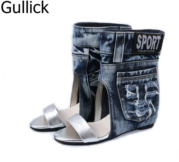 

Fashion Spring Summer Denim Leather Women Gladiator Cut-Outs Sandal Boots Round Toe Style Slip-On Flat Boots Free Ship