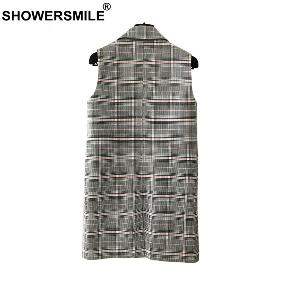 SHOWERSMILE Tartan Vest Women Checkered Waistcoat Designer Long Sleeveless Female Lapel Collar England Style Sleeveless Jackets