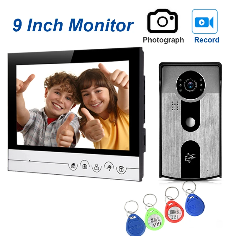

9 Inch video doorphone intercom system with recording and Waterproof Digital Doorbell Camera Viewer IR Night Vision