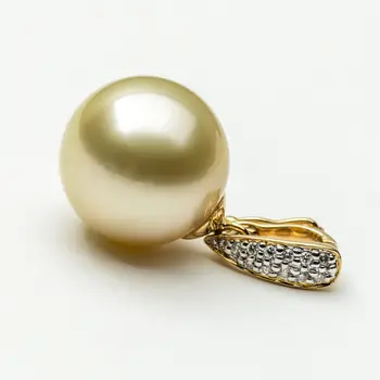 

Free Shipping 12.49mm Round Light Golden Real South Sea Pearl Diamond Pendant 18k Yellow Gold