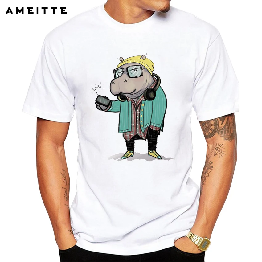 Футболка AMEITTE Hipster hippopotamus Мужская футболка с мультипликационным принтом крутая