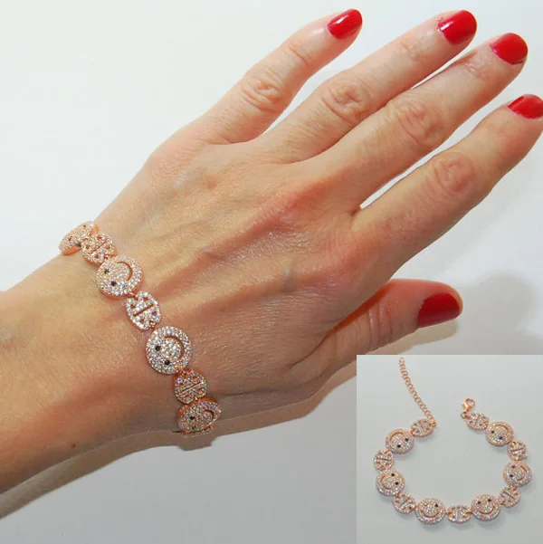 

2017 Russia Fashion Beautiful gold silver rose high quality adjust size happy face link Bling micro pave bracelet