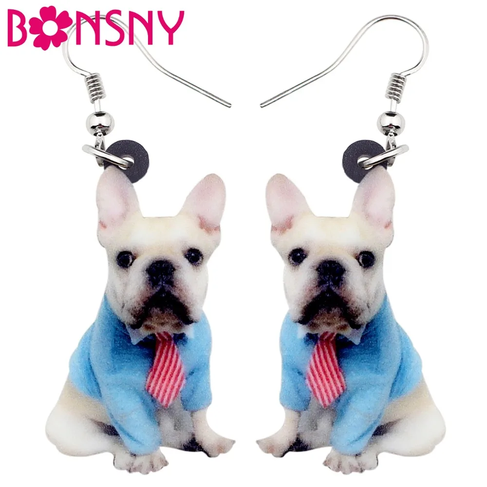

Bonsny Acrylic Sweet Sitting Tie French Bulldog Dog Earrings Big Long Dangle Drop Fashion Animal Jewelry For Women Girls Ladies