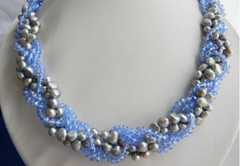 

ddh003057 5Strands 20'' Gray Baroque Freshwater Pearl Blue Faceted Crystal Necklace