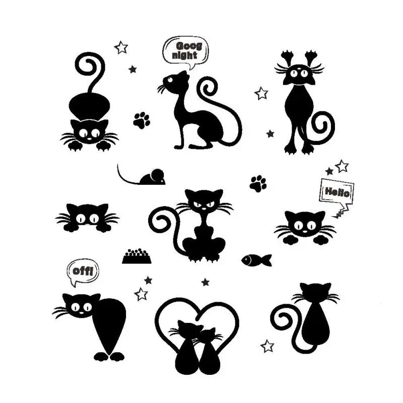 Cute Black Cat Wall Stickers Vinyl Decal For Kids Rooms Cartoon Pussy Decoration Switch Mural R4 | Дом и сад