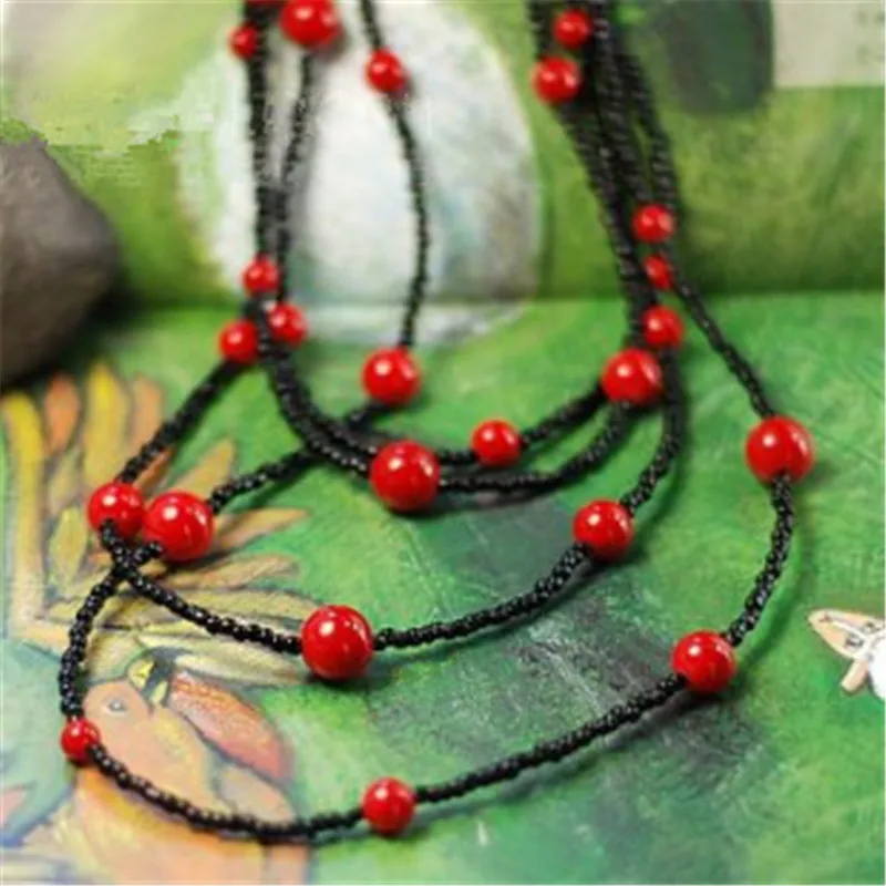 

Elegant Beautiful Three-use Red/White/Blue Beads Simple Multilayer Long Chain Sweater Fashion Necklace Bohemian Ethnic Jewelry