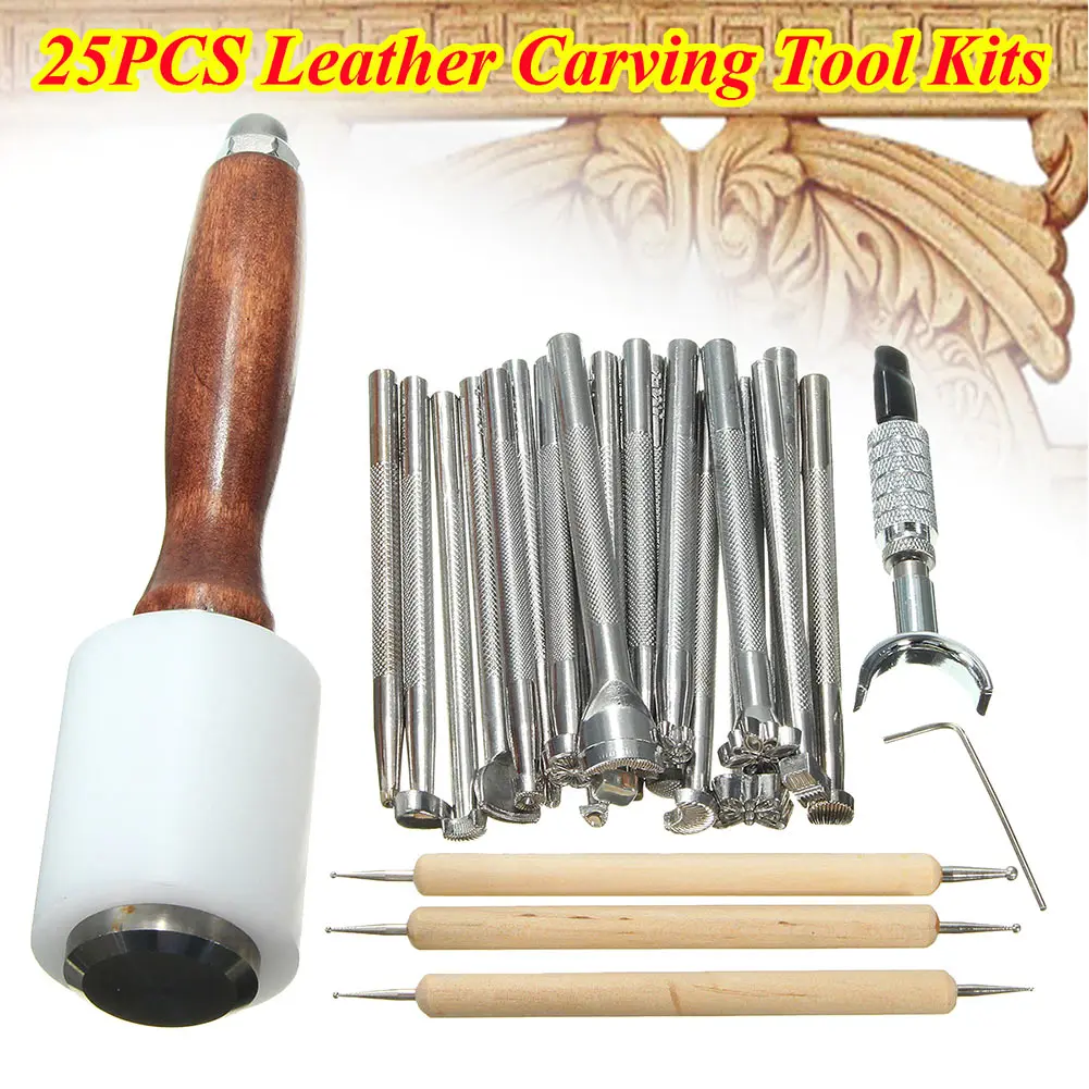 

25Pcs/Set Manual Leather Craft Stamping Carved Wooden Hammer Embossing Tools Kit CLH@8