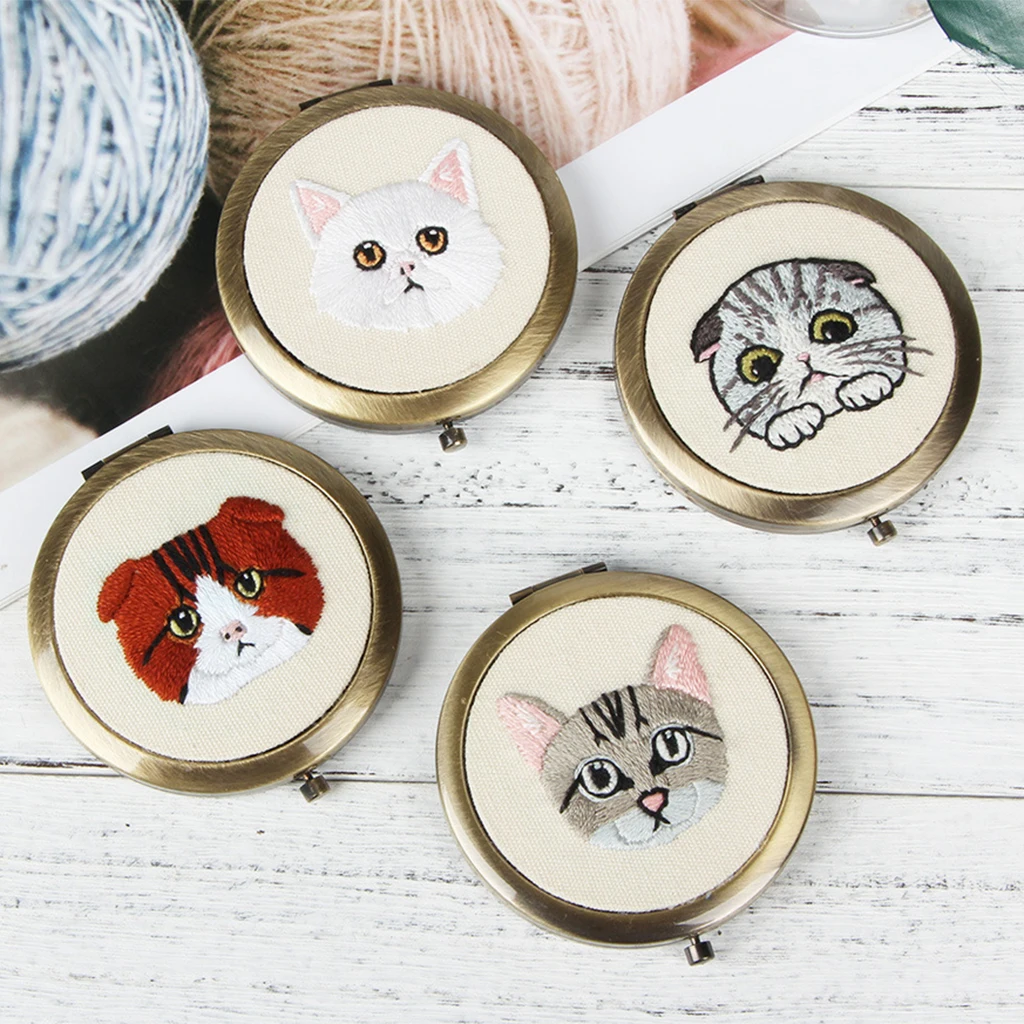 

Cute Cat Pattern Needlework Kits Embroidery Starter Kit DIY Mini Makeup Mirror or Brooch for Girl Women Children