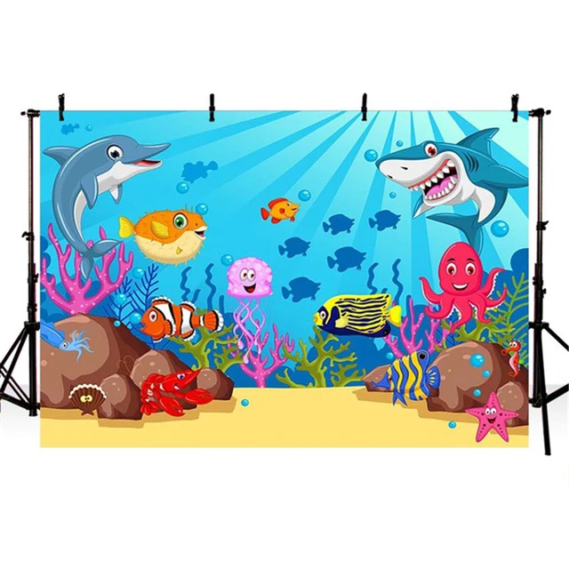 Fondo de fotografía bajo el mar, Fondo de dibujos animados para fiesta de  cumpleaños, con sol a través del océano profundo, tiburones, peces, bebés y  niños _ - AliExpress Mobile