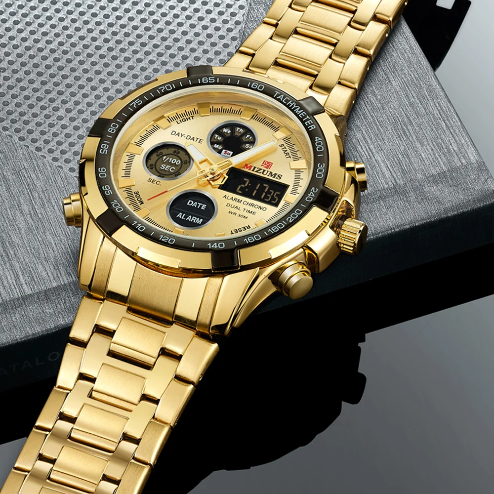 Fashion Brand Men Sports Watches with gold stainless steel band Digital Analog Watch Army Military Waterproof Male LED Clock Relogio Masculino mizums (36)
