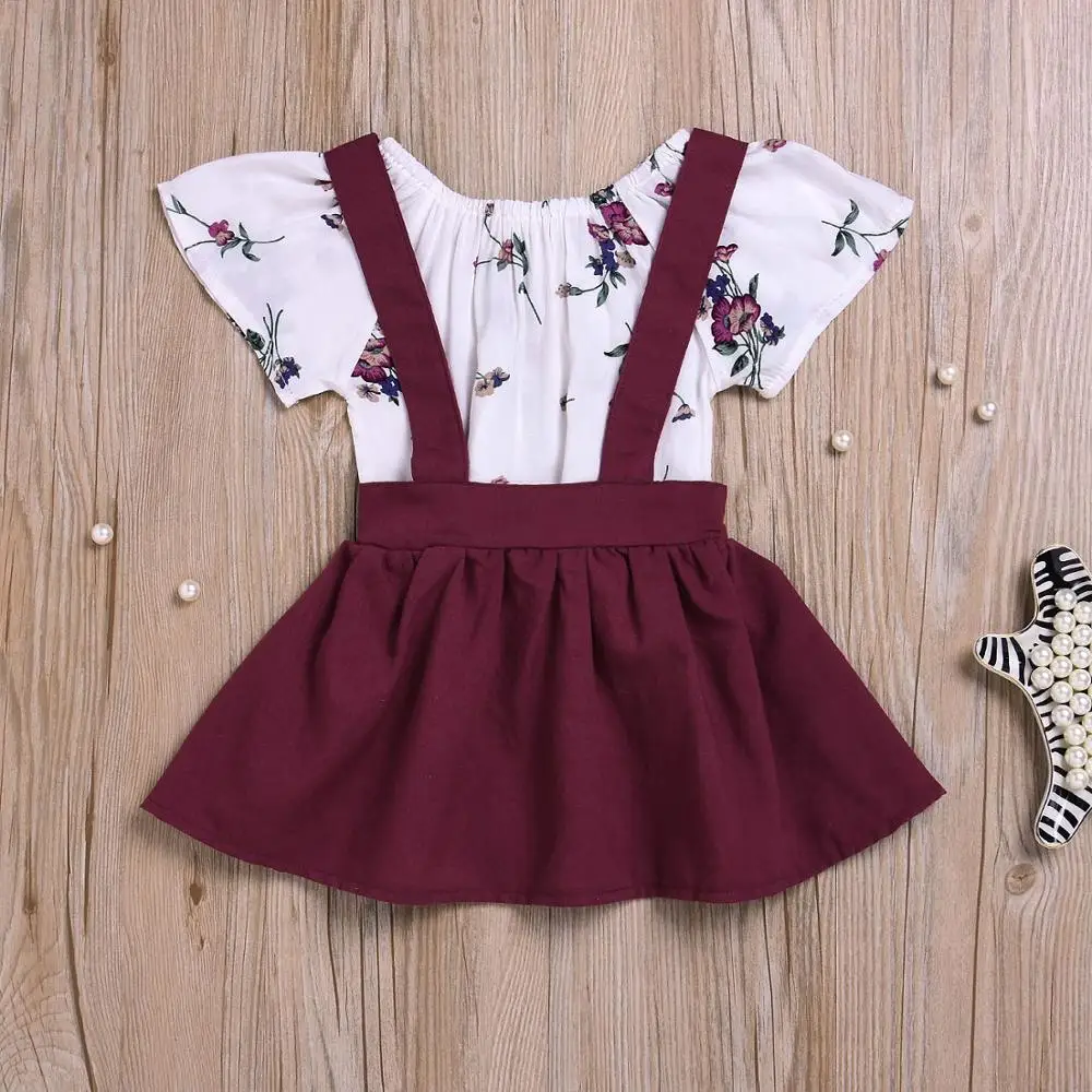

2019 Toddler Baby Kids Girls clothes short Sleeve round neck Floral print Bodysuit solid strap Skirts 2pc cotton outfits