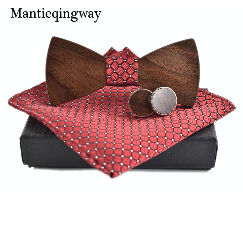  Polyester Business Wooden Tie Set For Men Handkerchiefs Cuff Links Handmade Wood Bowtie Set Plaid N