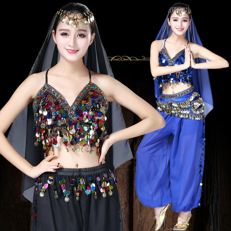 Belly-Dance-Costume-3pcs-Bra-Top-Pants-Head-Veil-Suit-Set-Sequined-Coins-Indian-Oriental-Bollywood