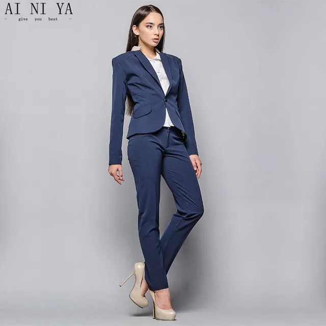 Elegant 2018 Women's Pants Suit Deep Blue Two Piece Female