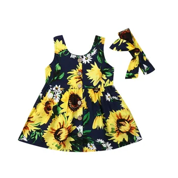 

2019 Summer Newborn Toddler Kids Baby Girl Clothes Sunflower Print Dress Princess Party Dress Sundress+Floral Headband Outfits