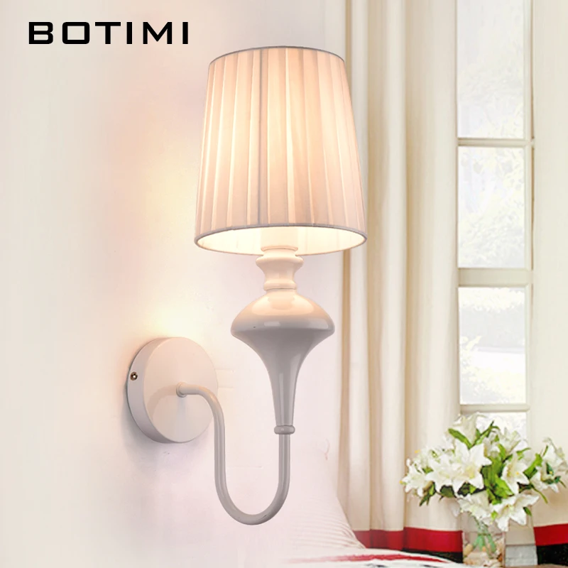 

BOTIMI Modern Wall Lamp Hotel Lighting Fabric Lampshade Wall Sconce For Corridor Balcony Bedroom White Black Bedside Lamps
