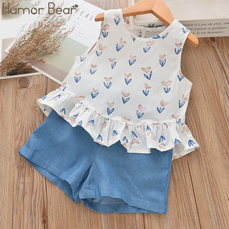 

Humor Bear 2019 New Summer Girl Suit Love Flower Print Butterfly Edge Sleeveless T-Shirt + Shorts 2PCS Baby Girls Clothing