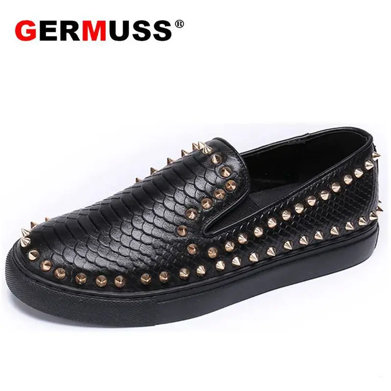 Plus Size 38-46 Snake Leather loafer mocassin shoes men velvet Slip On Luxury Handmade spiked Loafers black Flat | Обувь