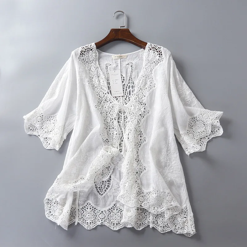 Summer Cardigan Lace Kimono Cardigan Women White Blouse Crochet Top