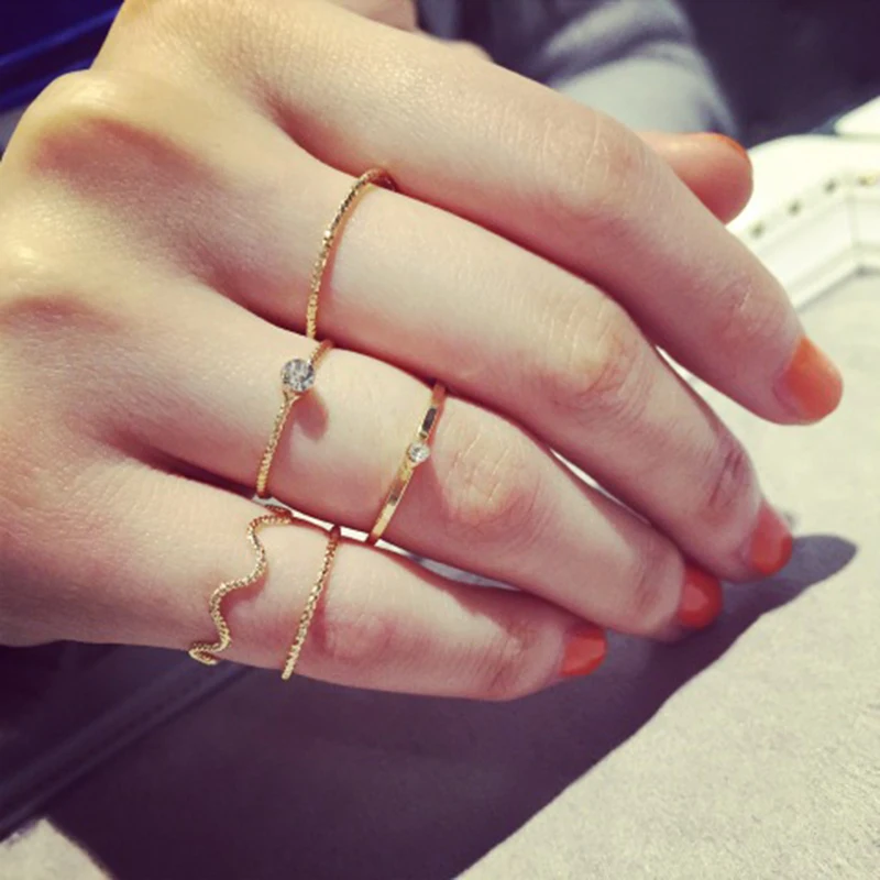 

5 pieces. \ Set the brightness of cute Chic style crystal rhinestone midi fist finger joint ring women ring