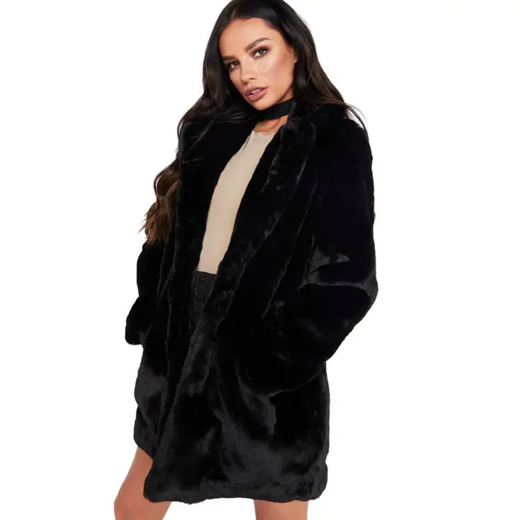 Женский Искусственный мех, пальто осень-зима, свободное, плюшевое пальто для женщин, имитация толстой теплой плюшевой куртки, синее длинное пальто с мехом, A1755 - Цвет: black
