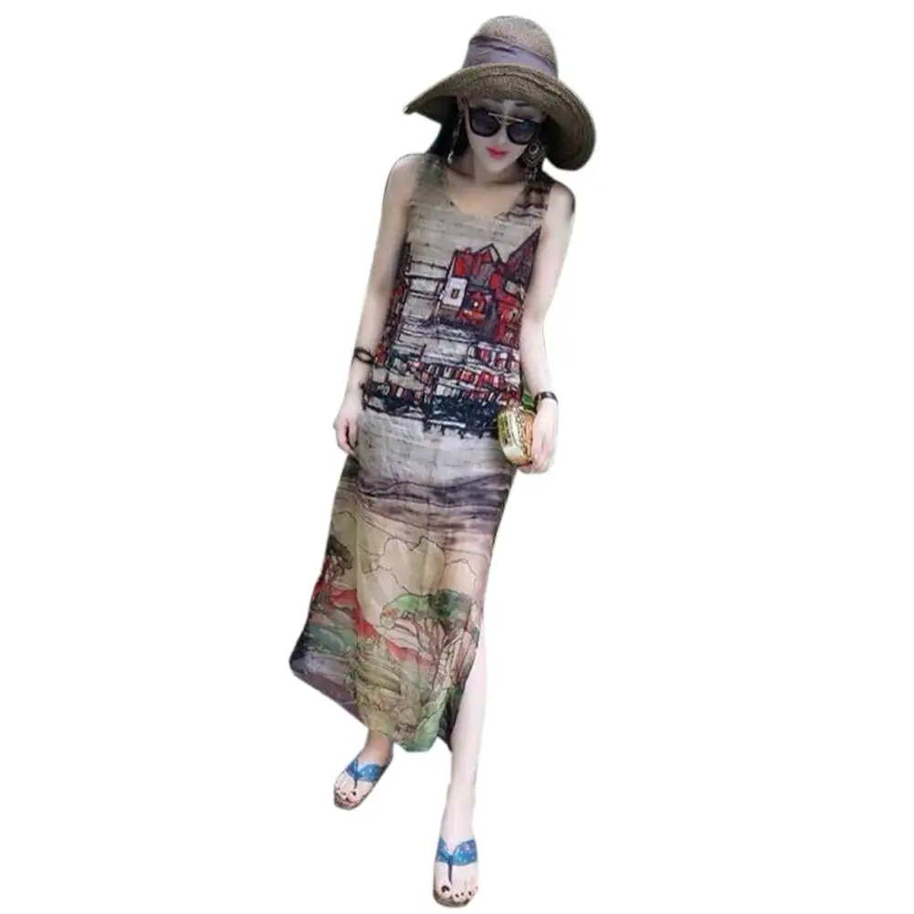 

Women Summer Beach Casual Loose Dress Imitated Silk Fabric Chiffon Dress Vintage House Pattern Sleeveless Split Beach Maxi Dress