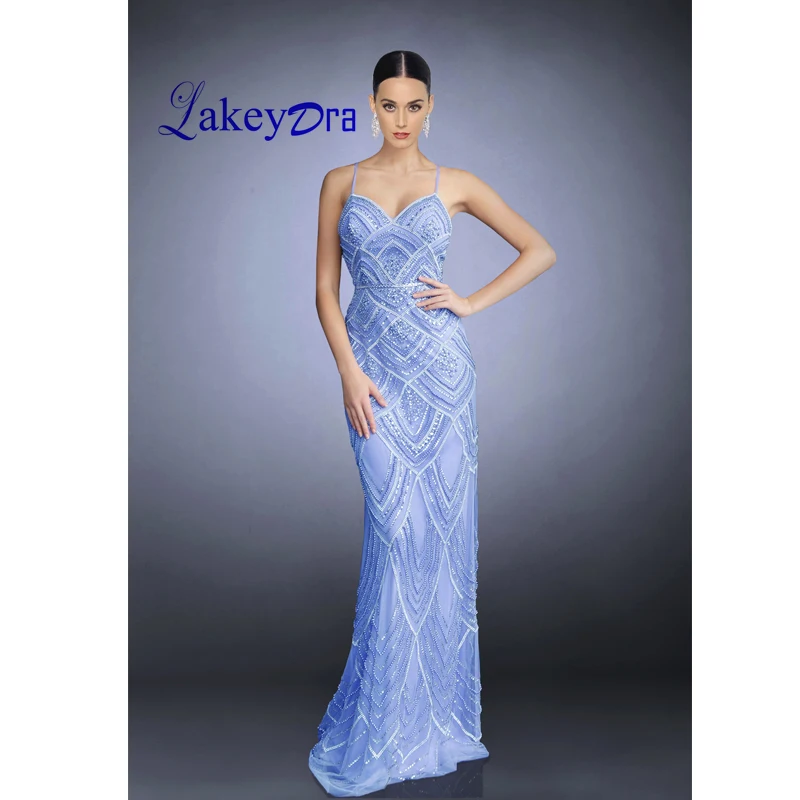 

Lakeydra Sky Blue Mermaid Evening Dresses Beading Tulle Spaghetti with Sequins Pearls Sleeveless Prom Gowns Robe De Soiree