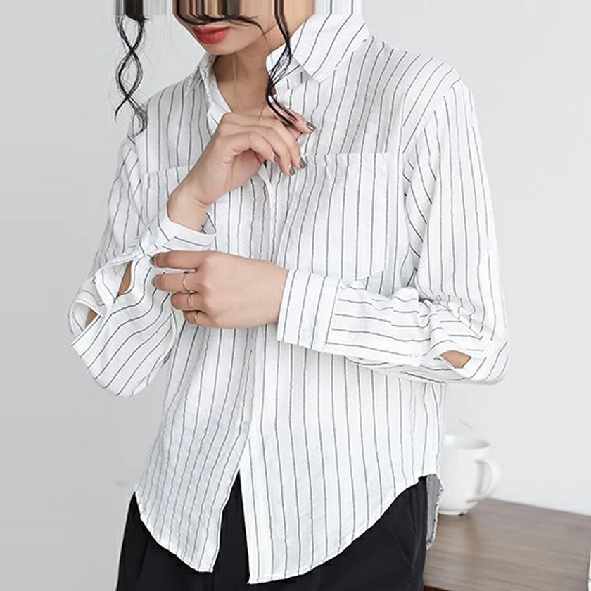 Новое поступление, полосатая блуза с длинным рукавом и отложным воротником и карманами, Офисная Женская Элегантная Модная блуза T93111F