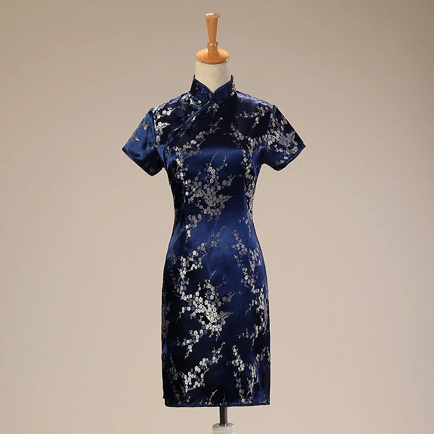 Navyblue традиционное китайское платье Чонсам Mujer Vestido Женская атласная Ципао Мини Cheongsam цветок плюс размер S-6XL020509