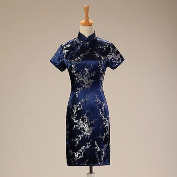 

Navyblue Traditional Cheong-sam Chinese Dress Mujer Vestido Women's Satin Qipao Mini Cheongsam Flower PLus Size S- 6XL020509