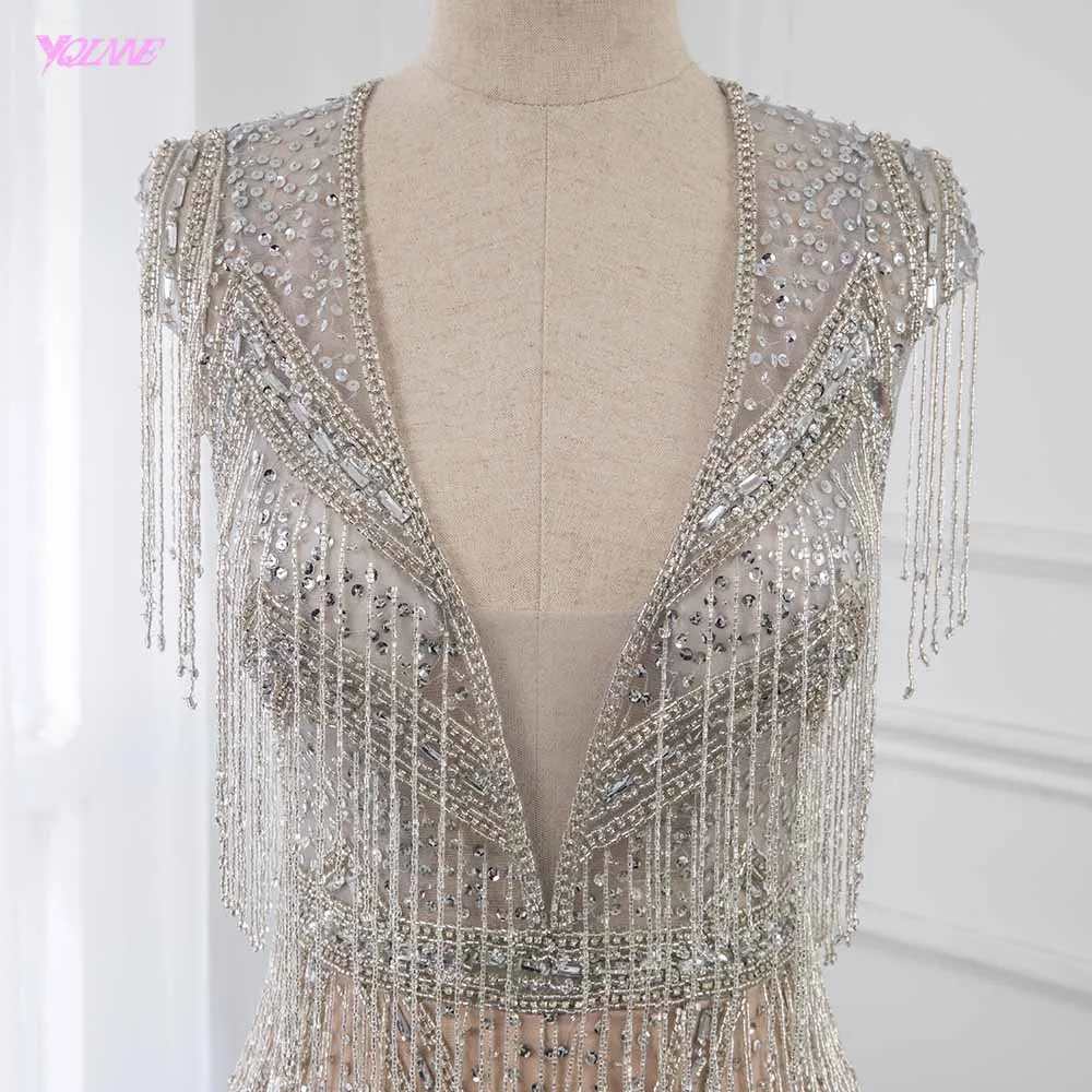 YQLNNE Luxury Robe De Soiree 2019 Silver Rhinestones Evening Dresses Long Deep V Neck Pendant Mermaid Formal Evening Gown YQLNNE Luxury Robe De Soiree 2019 Silver Rhinestones Evening Dresses Long Deep V Neck Pendant Mermaid Formal Evening Gown