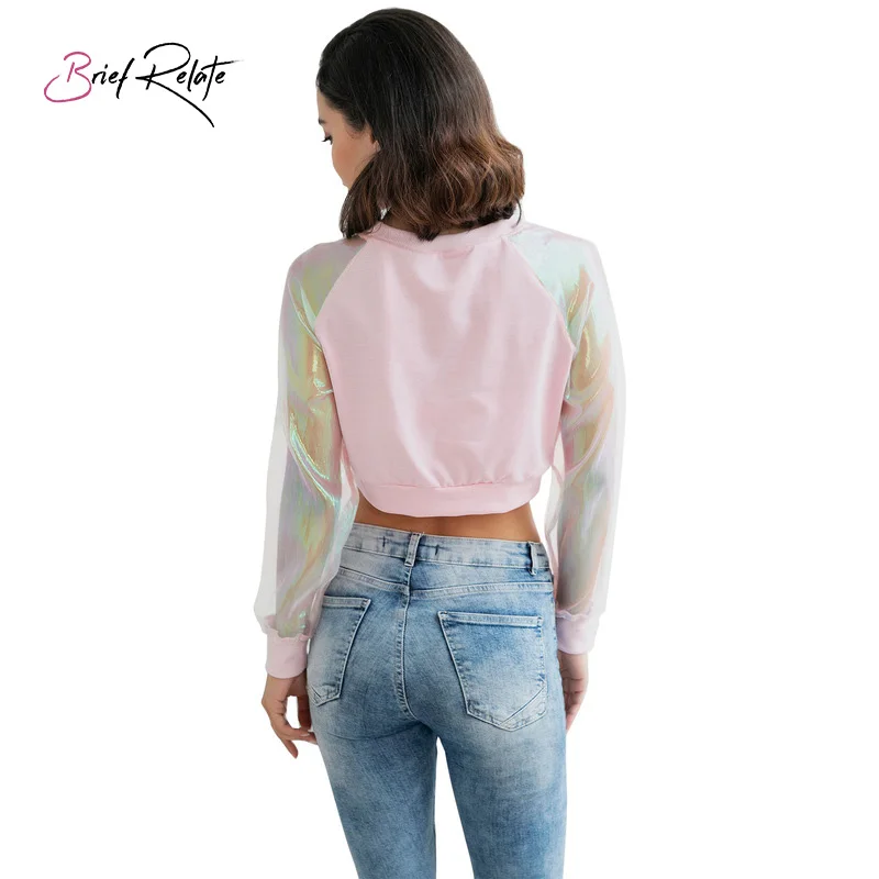 Brief Relate New Cool Puff Long Sleeve Women Hoodies Chic Chameleon Gauze Black Pink Turnover Short Sweatshirt Pullovers Brief Relate New Cool Puff Long Sleeve Women Hoodies Chic Chameleon Gauze Black Pink Turnover Short Sweatshirt Pullovers