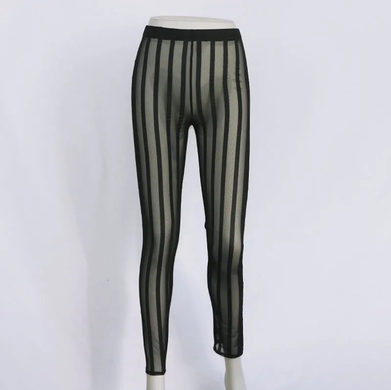 Полосатые сетчатые Женские повседневные штаны черные повседневные штаны ажурные Открытые сексуальные брюки обтягивающие прозрачные перспективные пляжные брюки