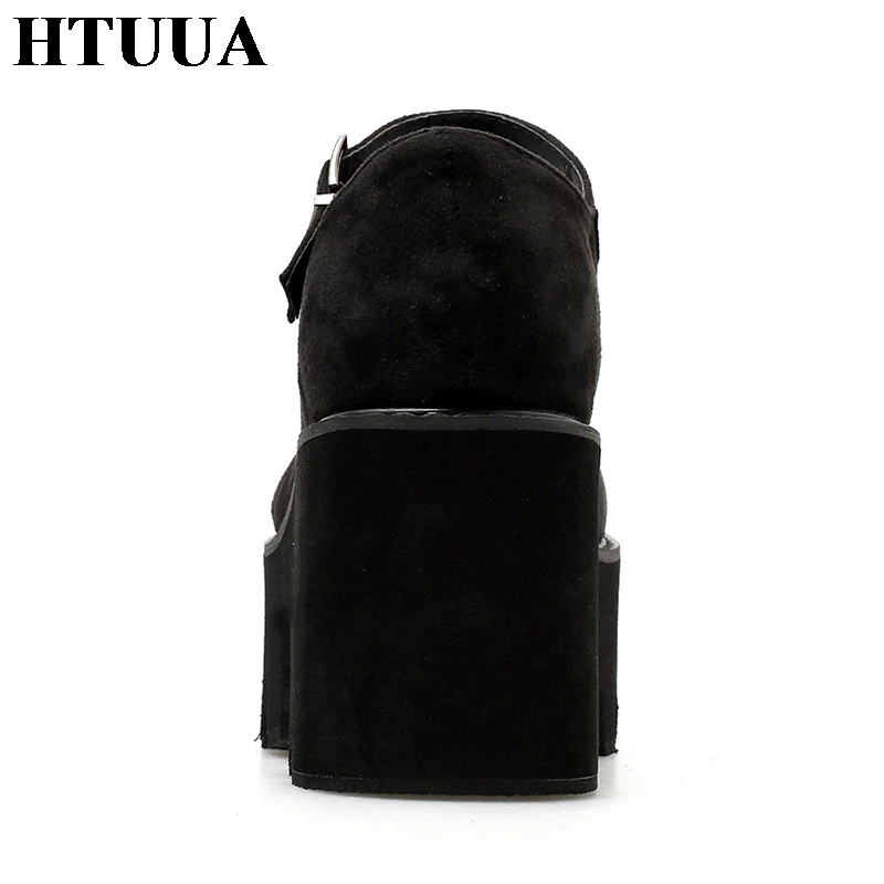 HTUUA/Новая Осенняя обувь на толстой платформе женские туфли-лодочки повседневная обувь на высоком каблуке с пряжкой черная обувь с круглым носком; SX1528