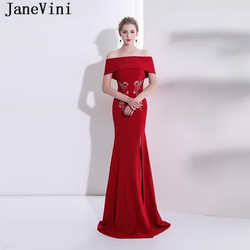 

JaneVini Mermaid Long Burgundy Bridesmaid Dresses Satin Boat Neck Exquisite Embroidery High Split Floor Length Prom Party Gowns